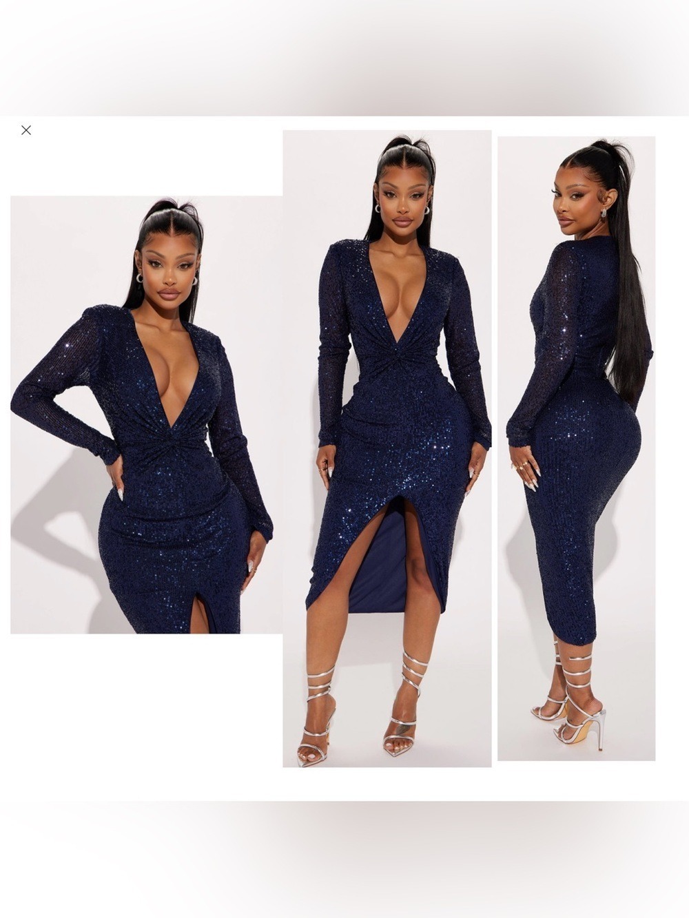 Fashion Nova Navy Blue Katelyn Sequin Twist-Front Midi Dress Front Slit M NWOT
